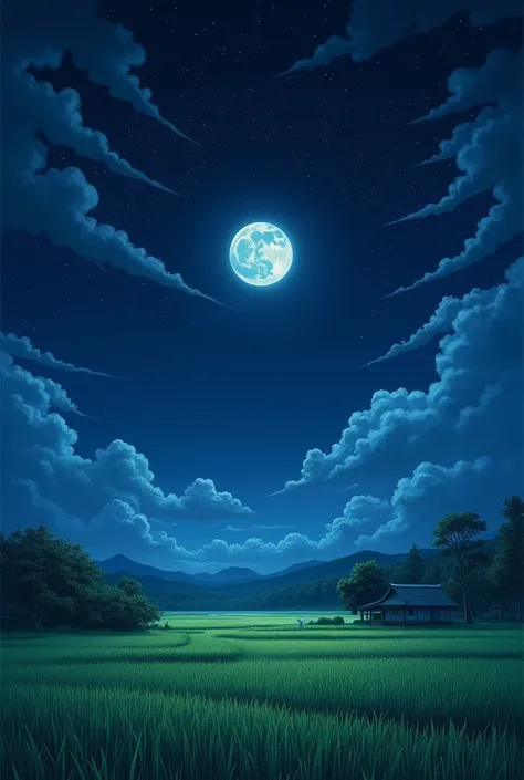  paints a night sky full of stars，Round Moon， has rice fields ，There is a hut 