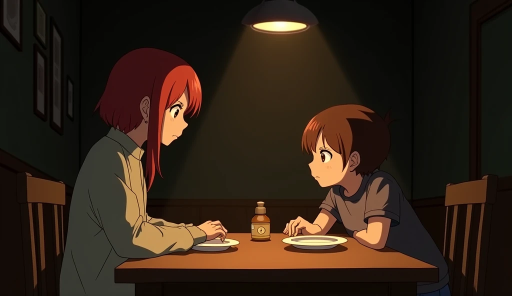 4.  the quarreling dinner ： leaves mothers lonely shadow ， protagonist low head silent ，Red-haired mischievous ，
Description ， eyes with a plate on the wooden table 。 The atmosphere at dinner table condenses ，The dim lights make the two peoples faces more ...