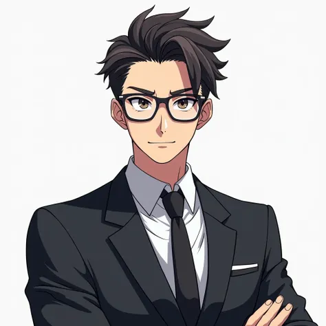 "A young, confident businessman in anime style, wearing a sharp suit, modern glasses, and a professional expression. The character should have a charismatic and determined look, with short, stylish hair and a clean-cut appearance. The background should be ...