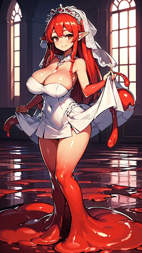 ((masterpiece,best quality,ultra-delicate,Perfect Face,detailed eyes,16k,high resolution,)),((((very beautiful slime girl,high viscosity red slime body:2.5 ,melting red slimy legs:7.5, melting red muddy arms:2.5,melting red slime body:3.5,red long hair,)))...