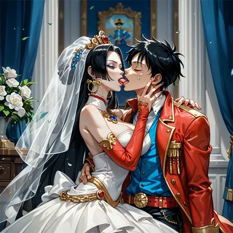 (( best quality)), ((masterpiece)), ( Details), （ perfect face）、Monkey D. Luffy, who is deeply in love, hugged, and had a vow kiss, and Boa Hancock in the form of a bride