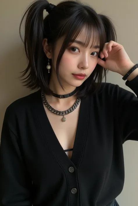  twin tails,  hoodies ,  vintage gothic,  pose, cute,  raise your face,  High Quality ,  Necklaces , ring,  bracelet on nipple,  earrings for a woman alone