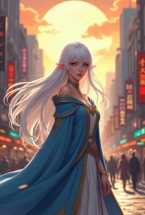 Elf girl white hair bright blue eyes dressed like mage anime art,in the middle of the hot sun in the middle of the city