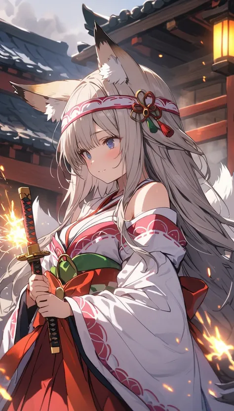 Fox、((8k、 cloth blindfold 、Holding a small sword、 fox ears、fog)),  short、Calm face、Gray Hair、sparks、 long hair、Scarlet Hakama、Shrine Maiden Costume、