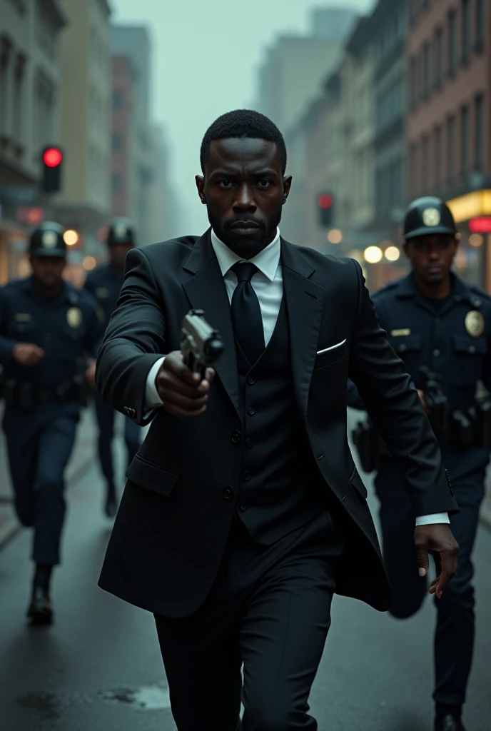 I want a cover for my album ,  several cops running after a formally dressed black person with a revolver in their hand 