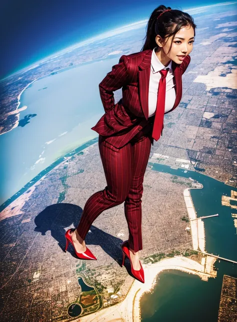 Giantess art 1:4, giant bbw woman full body view, giga giantess, giantess art massive compared to a city,  huge breasts, light crimson pinstriped suit white tailored shirt done up thick and very large Windsor knot navy blue tie Has ponytail   Wearing a pai...