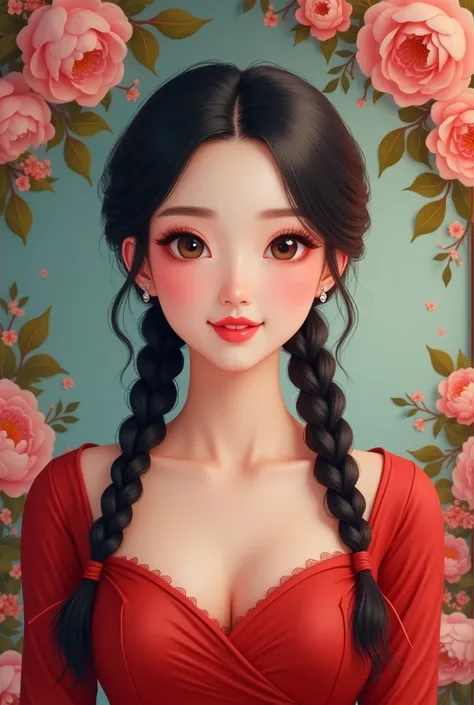 A hyperrealistic photography painted image of real beautiful smiling half body of Asian woman,slightly chubby, red kissable lips, smiled, soft white skin, beautiful,dark and attractive eyes, long twin braided black hair, wearing red sleveless dress in fron...