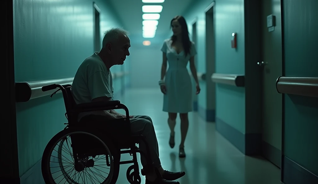 A hyper-realistic and terrifying depiction of an elderly man seated in a wheelchair in a dimly lit hospital corridor, shrouded in an eerie, oppressive atmosphere. The man’s gaunt face is illuminated faintly by the cold glow of flickering fluorescent lights...