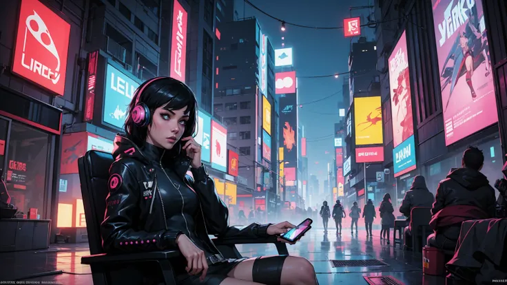 anime girl sitting in a chair with headphones on and a cell phone, cyberpunk art inspired by Tomer Hanuka, tumblr, conceptual art, modern cyberpunk anime, cyberpunk femme fatale, jet black haired cyberpunk girl, cyberpunk anime art, beautiful female neurom...