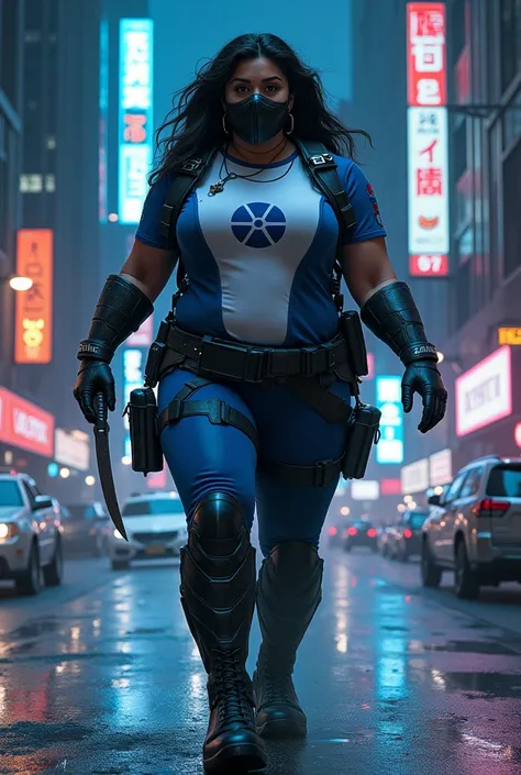 Shiva Hunteress (superpowers, action movie, plump woman, radiation, hunter mask, short knife, mouth mask, jet boots, costume blue , white and black. Stylized “knives” Chest symbol , new york city at night, full body shot