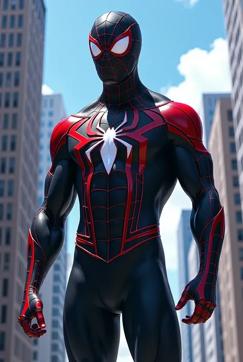 Spider-Man costume de couleur noir Vantablack et blanc, Grands taille, musculature développé, costume gluante symbiotique, Style Animé-Manga