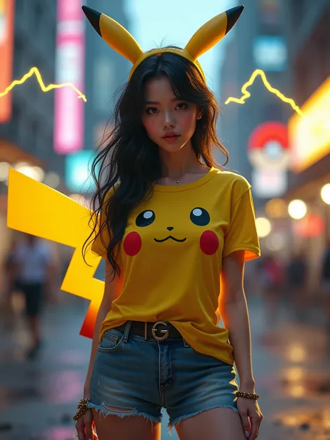 a sexy woman, with black and yellow hair color, has Pikachus horn and tail, wearing sexy Pikachu T-Shirt, and short jeans, standing  in the middle of a futuristic City with yellow lightning and Pokeball in the background. Make it realistic ai generated pic...