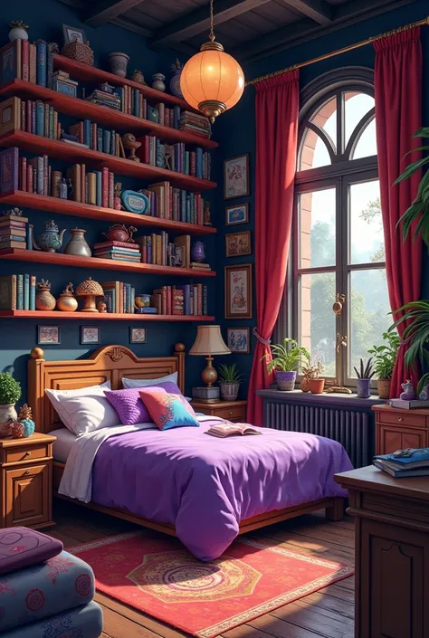  A large room all black ,  red shelves with books ,   games and toys ,  this room has several random things so it makes it very messy,  is warm as if it were wooden , The purple bed 