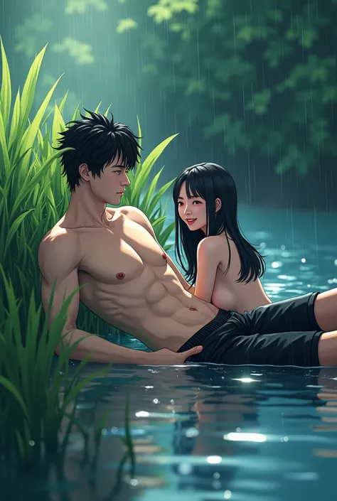  Top Quality 　Masterpiece　 male and female couple romantic couple .  Ushiha Sasuke lying on the river ,  Its raining on both sides of the river , There is lush grass , Laugh out loud,  Hyuga Hinata sitting there ， smiling and trying to bite the zipper of t...