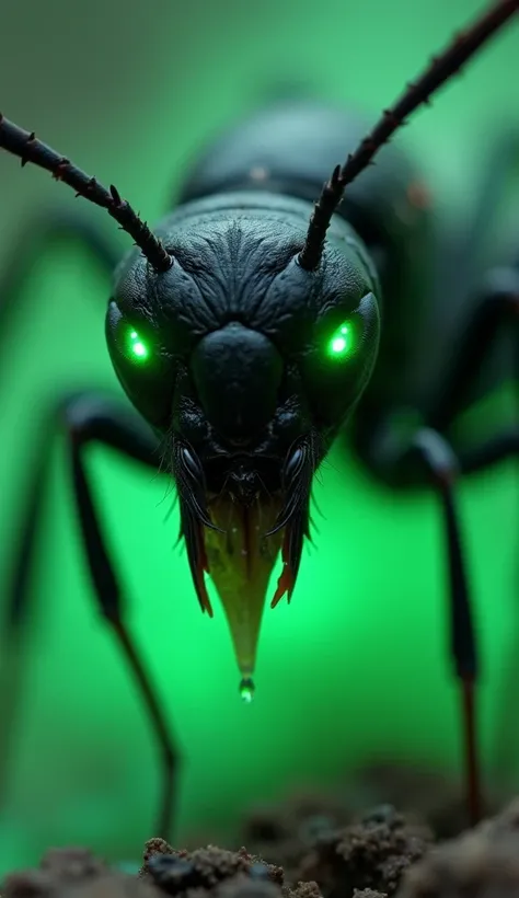 "A fierce black ant with glowing green eyes and sharp mandibles, dripping with saliva, emerging menacingly from an eerie green mist, cinematic composition, photorealistic details, intense focus on the ants expression, dark and mysterious atmosphere, vibran...