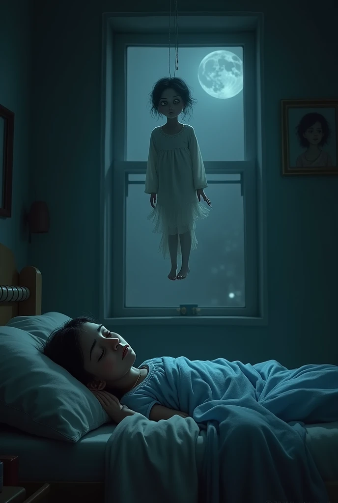 One indian girl  wearing blue frock scared while sleeping and one ghostly doll is flying above her in bed home inside at night 