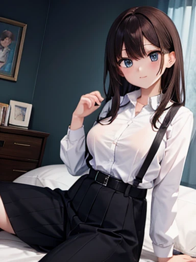  brown hair、 stares at viewers　　　black suspenders　　　  on big bulging breasts 　　 　 　　　wall: 　　　　　　sight　　　 small face 　Bans 　　　　　　 beautiful woman　　 raise your hands 　　 legs lying on bed　　sight 　Black Suit　 cutter shirt　School Uniform　OL　salaryman　　Taunt　fl...