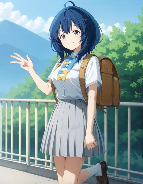 Masterpiece, hd, best quality, annayanami, medium hair, blue eyes, ahoge, blue hair, medium breasts, skirt, shirt, bow, school uniform, white shirt, short sleeves, pleated skirt, bow tie, yellow bow, gray skirt, yellow bow tie, blue bow, blue bow tie, whit...