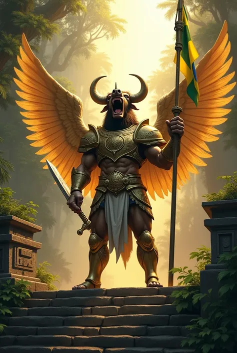 A mighty angel with a boars head, his tusks gleaming and his mouth open in a furious roar, stands with both feet firmly planted on the steps of an ancient stone temple, golden armor radiating a divine glow in the dawn light. His silver belt shines as he ra...