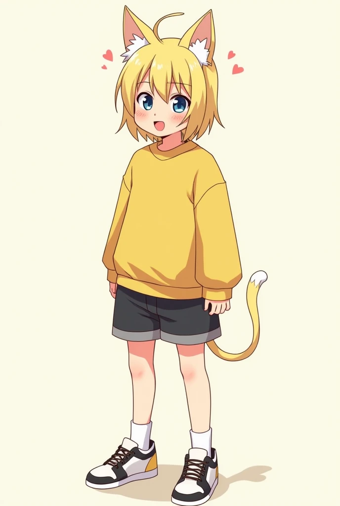  18-year-old boy , shy, blonde hair,  Slightly long hair ,  Hair in front of the ears,  Cat Ears,  blue eyes,  red lips,  animated,  full body, yellow sweater, shorts,  sports shoes , A little blushed, erection 