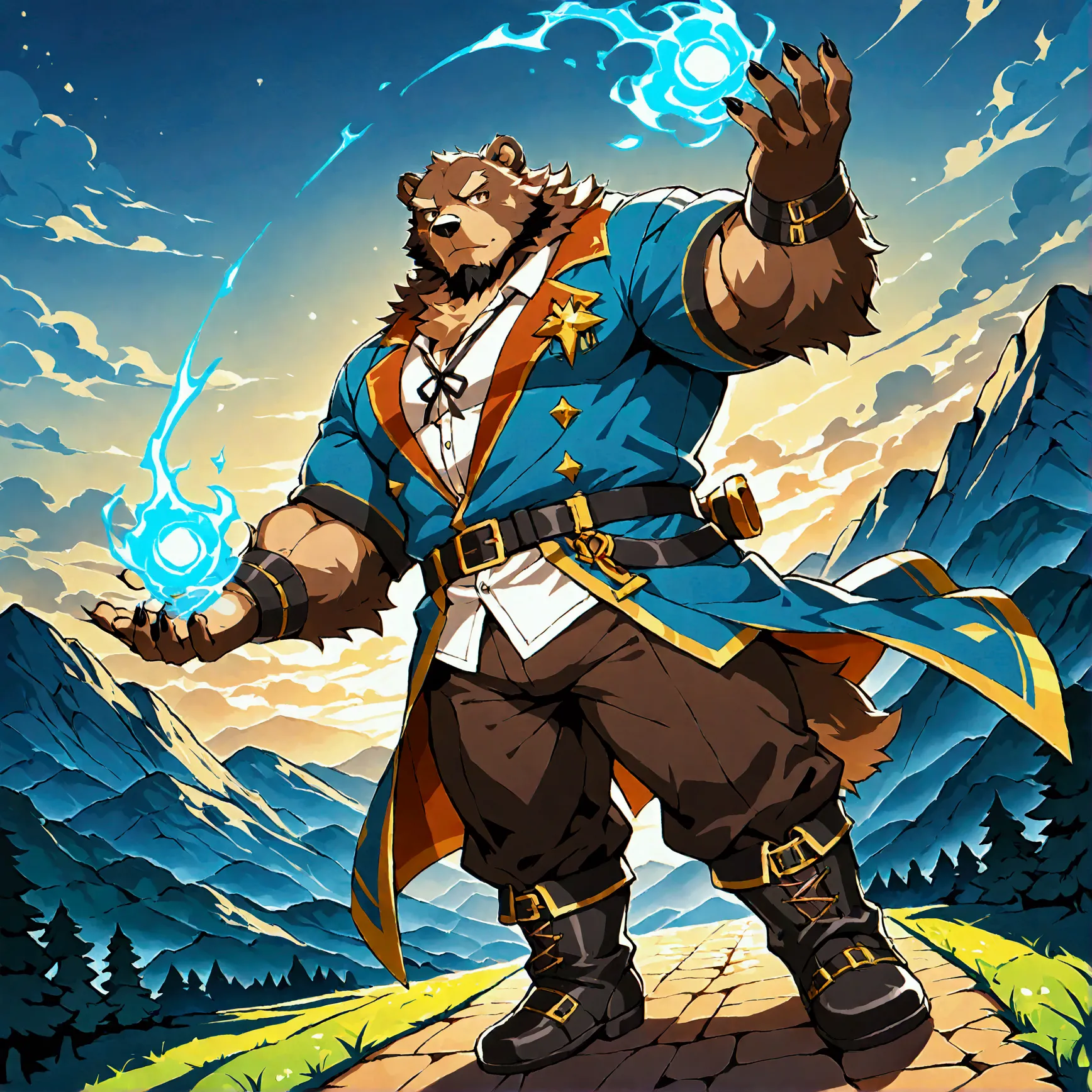 character focus, full body, looking away, various angle, european fantasy, wizard, a muscular middle-aged bear man, heroic costu...