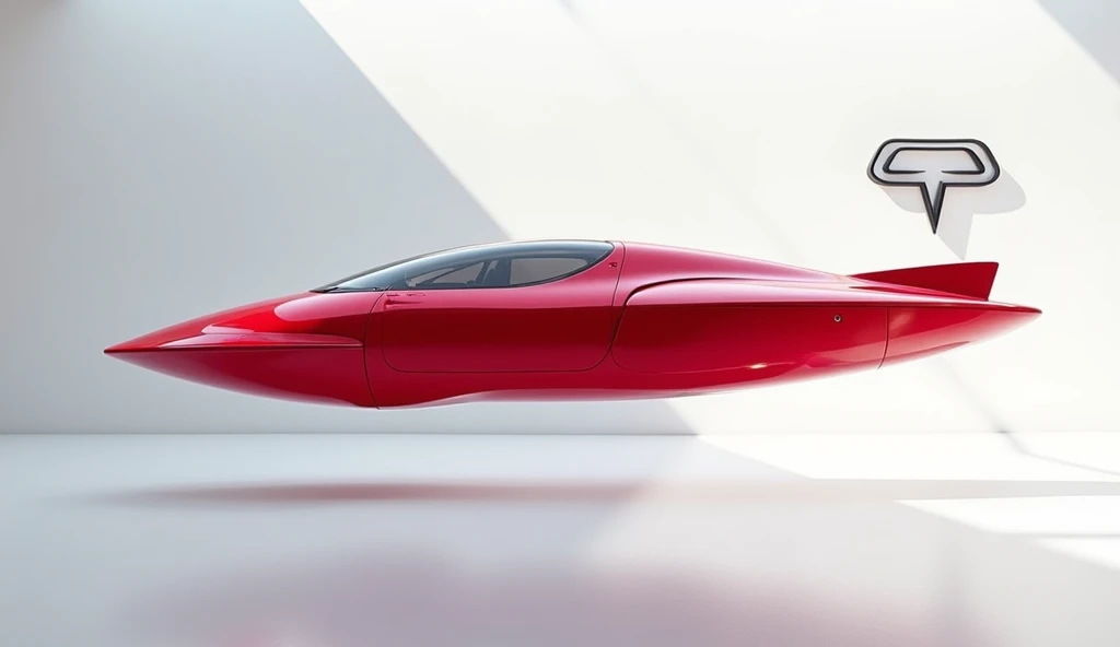 A full attractive hd photo of new 2025 Flying car red color of exterior. A white shiny showroom background logo on the wall. A car with side view of vehicle. Flying in air