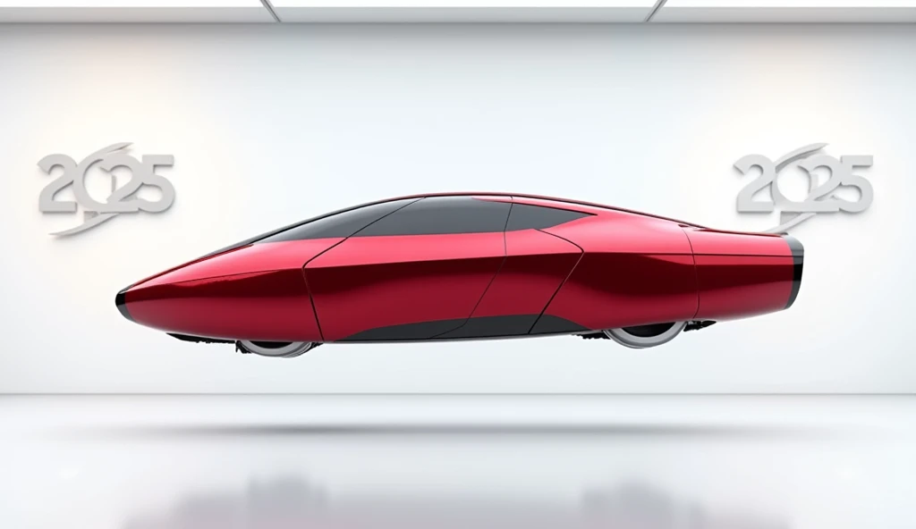 A full attractive hd photo of new 2025 Flying car red color of exterior. A white shiny showroom background logo on the wall. A car with side view of vehicle. Flying in air