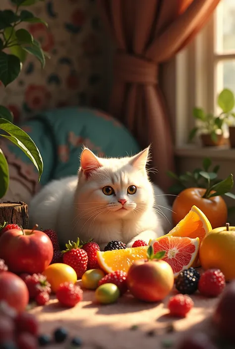  den inside cat eating many fruit 