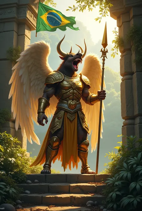 A mighty angel with a boars head, his tusks gleaming and his mouth open in a furious roar, stands with both feet firmly planted on the steps of an ancient stone temple, golden armor radiating a divine glow in the dawn light. His silver belt shines as he ra...