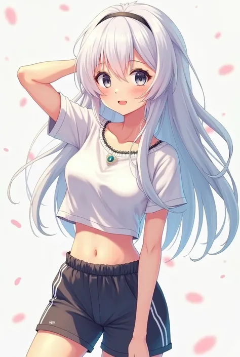 An anime girl with white hair wearing a short blouse with short sports pants 