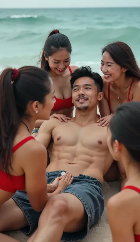  Handsome, bodybuilder Korean man surrounded by marine rescue hire girls looking at him with loving eyes.Women massage a mans muscles . A man who is seduced by women , Large arm muscles, A handsome, tall, and muscular man with six pack abs, is lying on the...