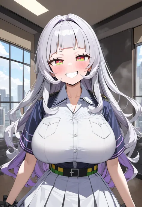 ( best quality, 8k, masterpiece),  girl , young , Idol , 1 person ,  murasaki shion,  hololive , Silver Hair  , Big Breasts ,smile ,  like heaven ,  red cheeks  , Tanimachis emphasis  , A rich variety of skin tones  , ( police uniform  :1.2) , ( huge breas...