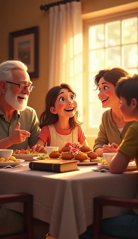 "A family sitting around a dining table, joyfully sharing a meal together. The parents, ren, and grandparents are engaged in warm conversation and laughter. The setting features soft, golden lighting and a prominently placed Bible on the table, symbolizing...