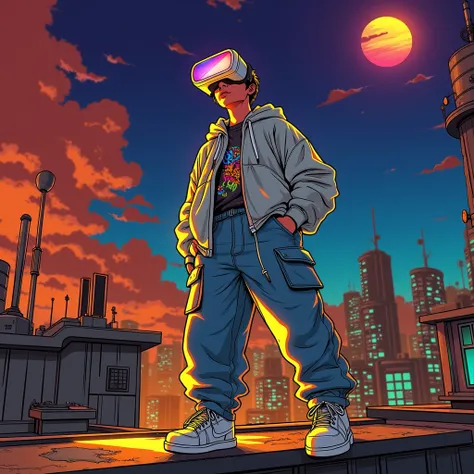 An artistic and futuristic illustration of a young individual standing confidently on a rooftop in a vibrant cyberpunk cityscape. The person wears a large, glossy VR headset with a glowing blue and pink visor that reflects the warm hues of the sunset. Thei...