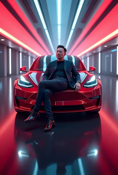 Tesla company logo with fabulous looking owner is laying on the logo