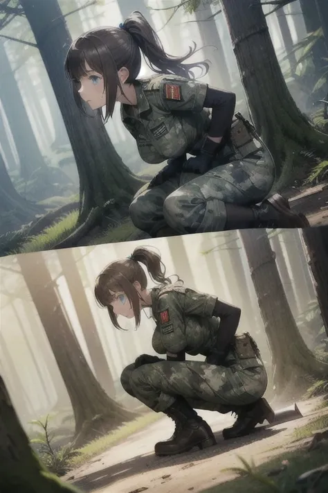 1 woman, beautiful, full body , wearing army camouflage uniform, dirty military uniform , forest, camp,rifle,multiple scars on the face,
brown gloves, Big breasts , Blue Eyes, clear eyes,brilliance,, Misaligned Hair,  ponytail , dirty face, various poses ,...