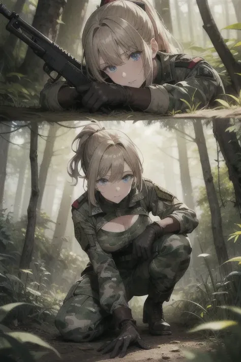 1 woman, beautiful, full body , wearing army camouflage uniform, dirty military uniform , forest, camp,rifle,multiple scars on the face,
brown gloves, Big breasts , Blue Eyes, clear eyes,brilliance,, Misaligned Hair,  ponytail , dirty face, various poses ,...