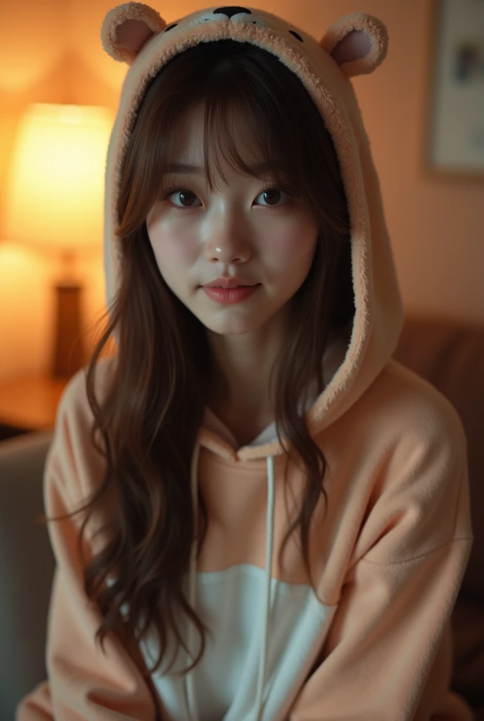 best quality ,masterpiece,ultra high res, very beautiful, kawaii, (photo realistic:1.4), 1girl, Japanese, brown hair, Cinematic, 35mm lens, f/ 1. 8, accent lighting, 8k,kigurumi, Living Room