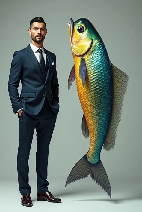 "A realistic and detailed image featuring a well-dressed man resembling a professional football player (Cristiano Ronaldo) standing confidently on the left side of the frame. He is wearing a stylish suit with a clean, polished look. On the right side of th...