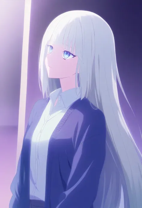 a cool heterochromatic man, extremely detailed eyes, silver white straight hair with deep blue and deep purple, wearing a dress shirt, long cardigan and slacks, (official anime art, highly detailed anime), fluffy straight hair