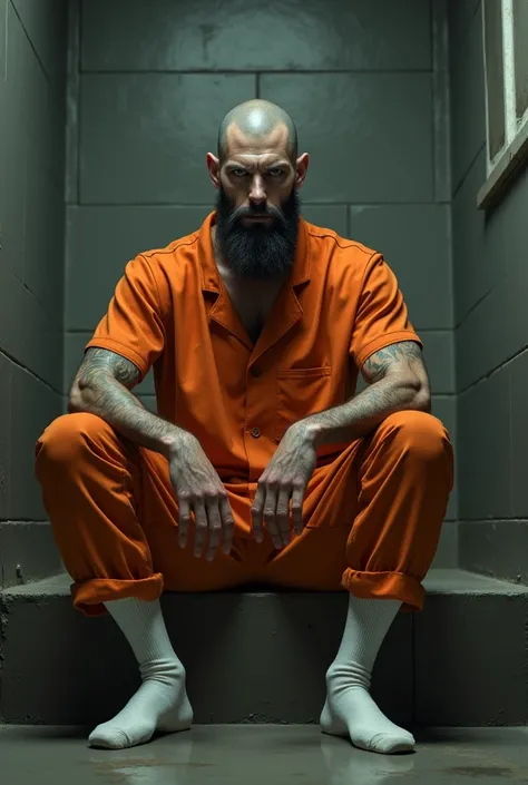 Gaunt thin lanky man shaved head and orange prison uniform and white socks sitting in cell, thick short stubble, angry, ripped, muscular, attractive, grey eyes