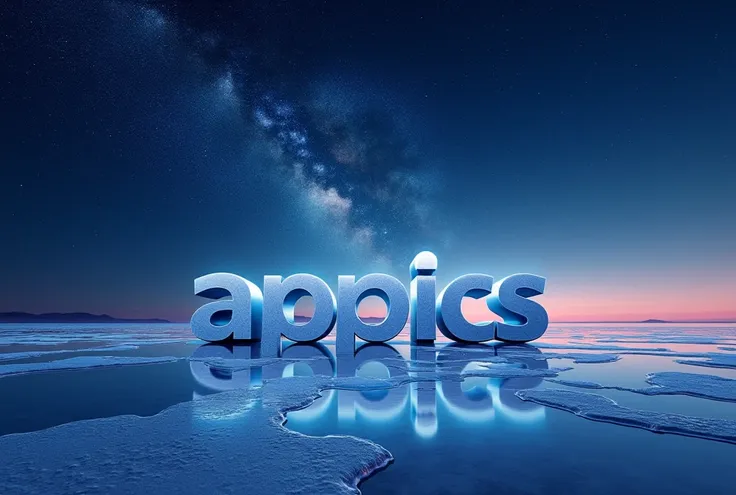 The words "APPICS" written in large letters at the bottom of the screen, ((masterpiece, highest quality, Highest image quality, High resolution, photorealistic, Raw photo, 8K)), ((Extremely detailed CG unified 8k wallpaper)), The starry sky reflected in th...