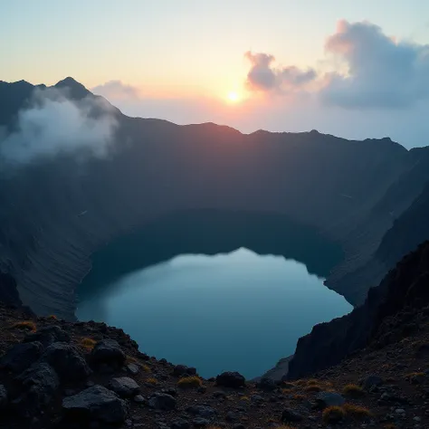 masterpiece, caldera,rough rocky mountain , crystal clear water,  the sun at dusk is reflected , reflection light, slightly foggy ,A mysterious atmosphere, 飛行機からcalderaを見下ろすダイナミックで広がりのある視点,  best quality,  high definition, delicate details,  photorealistic...