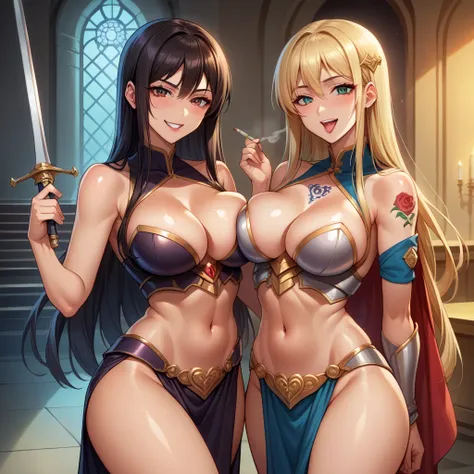  2girls, two girls, smirk, long hair, blush, lipstick, Hot girl, baddie, anime color, large breast,, smoking, sensual, attractive, masterpiece, best quality, highly detailed, fantasy , a anime girls in armored dress holding a sword
posing for a picture, ev...