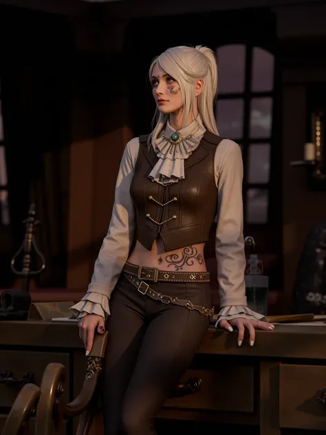 Character: A young woman, a ships captain, stands in her cabin, radiating a quiet confidence and a hint of wistful contemplation.
Appearance:
Hair: Long, straight, silvery-white hair, neatly pulled back into a high ponytail, allowing a few strands to frame...