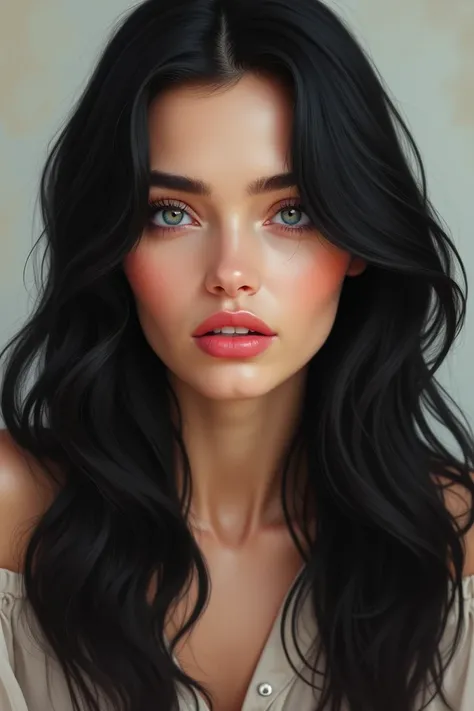 ((best quality)), ((masterpiece)), (detailed), perfect face
A 22 years old woman, British, round face, striking blue doe eyes with long eyelashes, long shiny black hair with soft waves, glossy plump pink lips, rosy cheeks, small nose, smooth and fair skin....