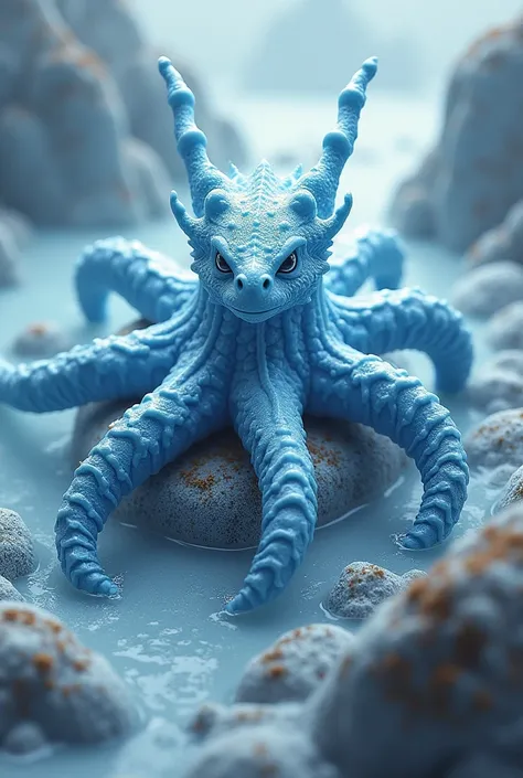 Create a fascinating hybrid creature with the body of an ice dragon and the arms of a starfish. The ice dragons frosty scales and the starfishs multiple arms create a unique combination. The environment should be a frozen tidepool with icy rocks, emitting ...