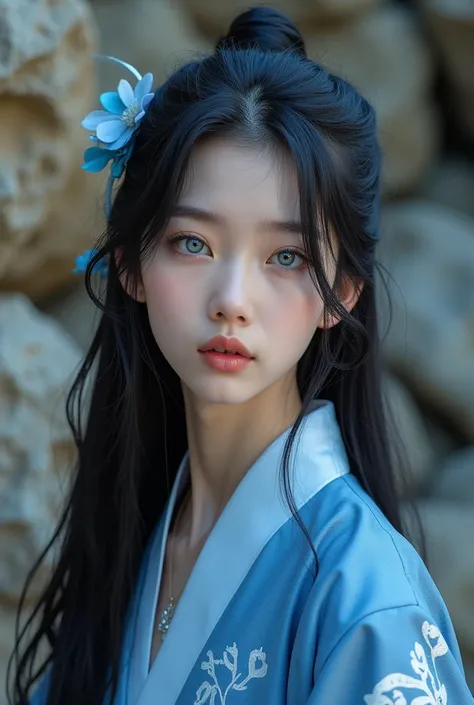 South Korean Asian, Very long hair, black fur, beautiful, small nose, thick lips, 8k, Hyperrealism, 20 year old girl, White skin, cara beautiful, rock clothing, blue eyes,  blue eyes, straight hair, 