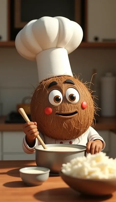 Coconut character with white chef hat and wooden spoon in hand, standing in front of kitchen table. On his table was a small pot of coconut milk which he was stirring, as well as a bowl of grated coconut meat.