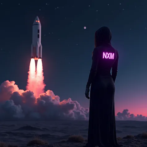 Genrate a mystourius women wearing all black dress long covred hand her head hiddeden NXM logo on her back with neon light purple watching to a  black rocket on the flor its about to lunch to the moon High Resolution, Best Quality, Quality, big rocket 